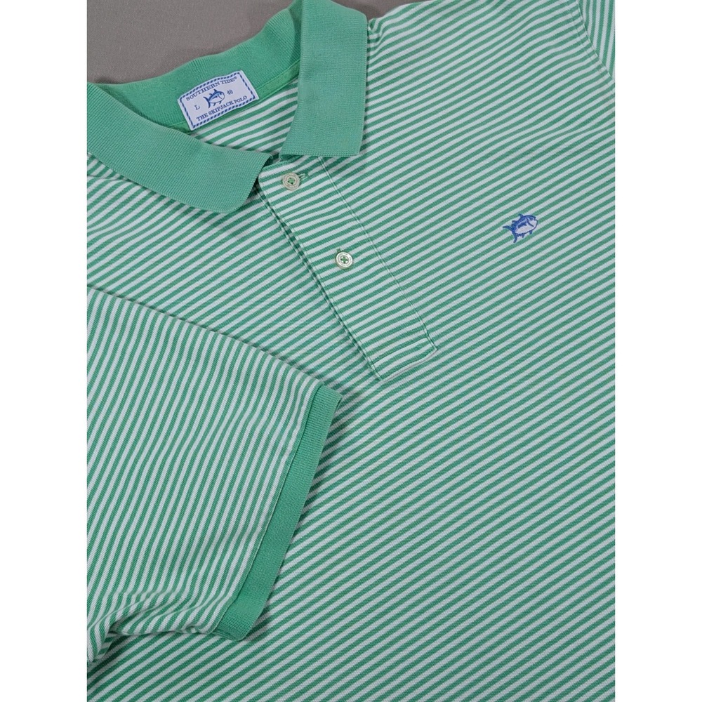 Southern Tide Skipjack Polo Shirt Men L Green White Striped Cotton Stretch